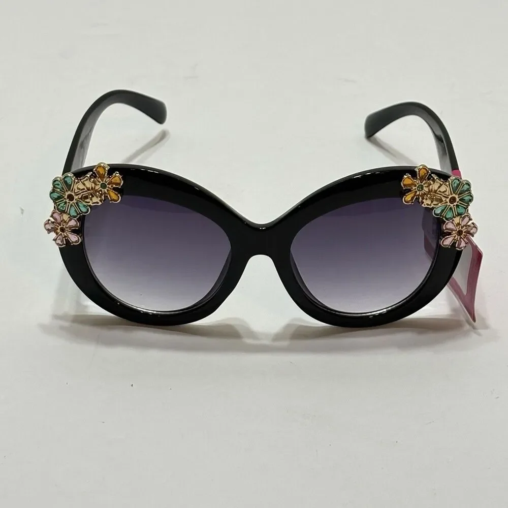 Betsey Johnson Black Floral Jewel Sunglasses Oversized Round UV 400 NWT Acetate